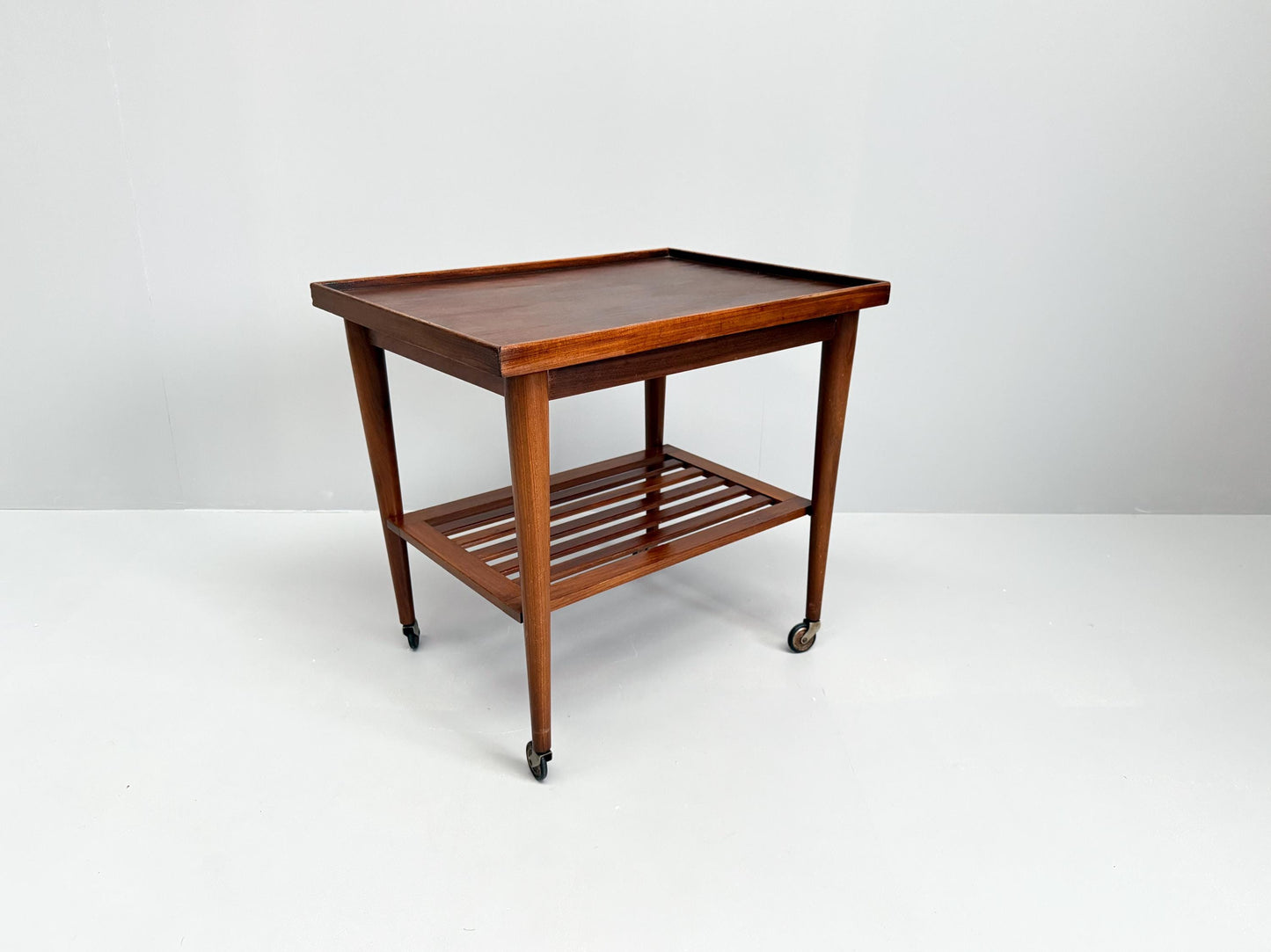 Vintage Mid-Century Modern Wooden Bar Cart Slatted Shelf