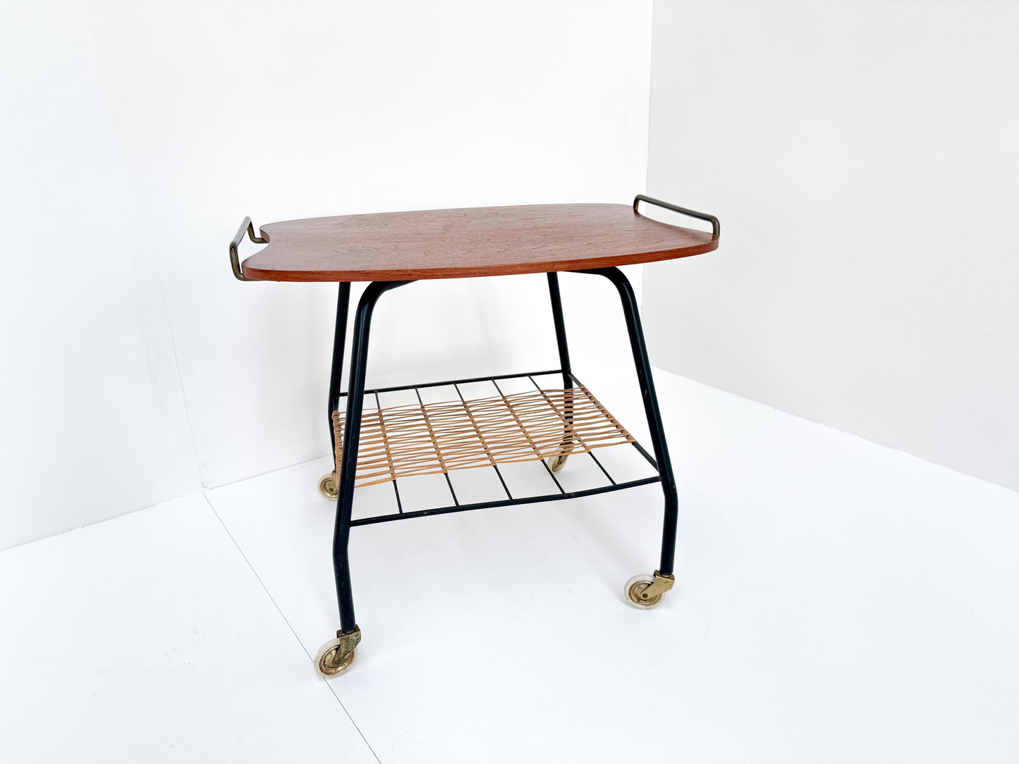 Danish Vintage Serving Cart / Tea Trolley from the 1950s – Teak, Brass & Rattan