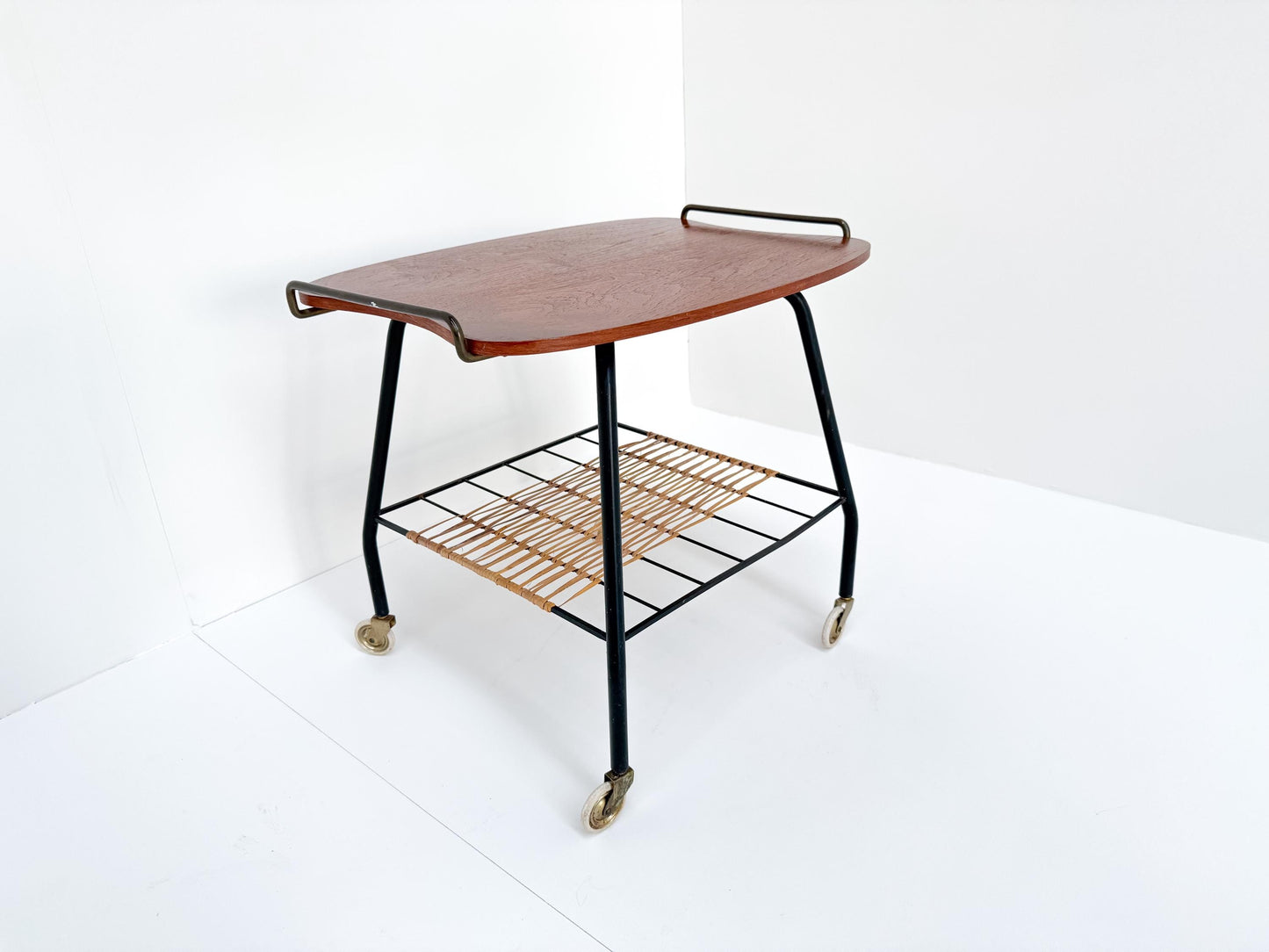 Danish Vintage Serving Cart / Tea Trolley from the 1950s – Teak, Brass & Rattan