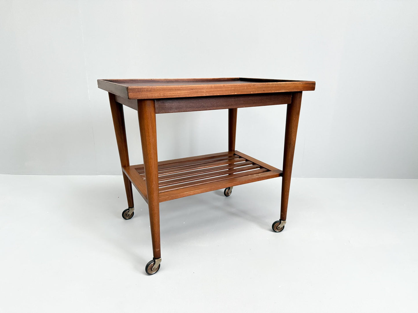 Vintage Mid-Century Modern Wooden Bar Cart Slatted Shelf