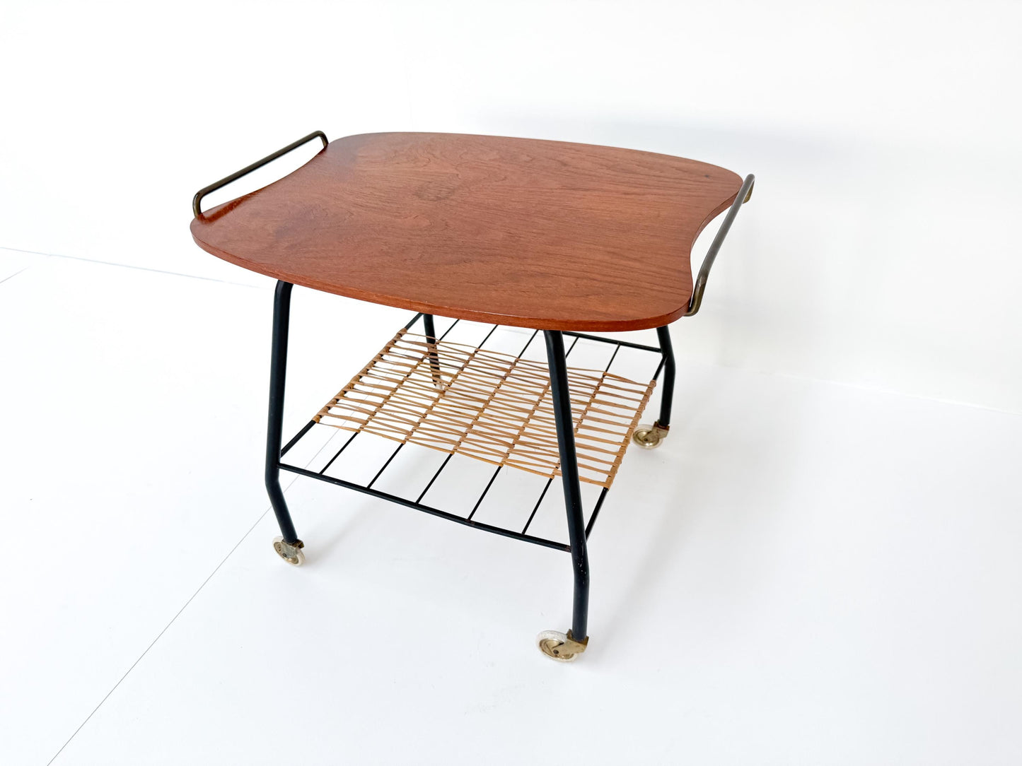 Danish Vintage Serving Cart / Tea Trolley from the 1950s – Teak, Brass & Rattan
