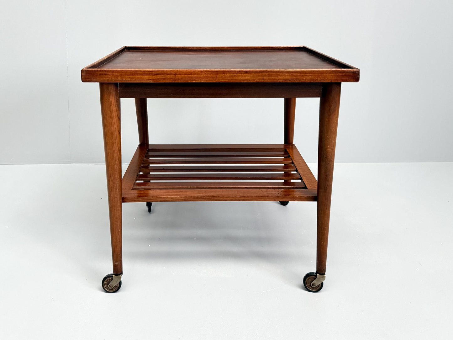 Vintage Mid-Century Modern Wooden Bar Cart Slatted Shelf