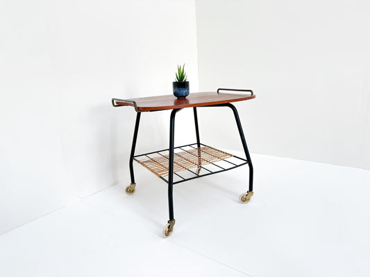 Danish Vintage Serving Cart / Tea Trolley from the 1950s – Teak, Brass & Rattan
