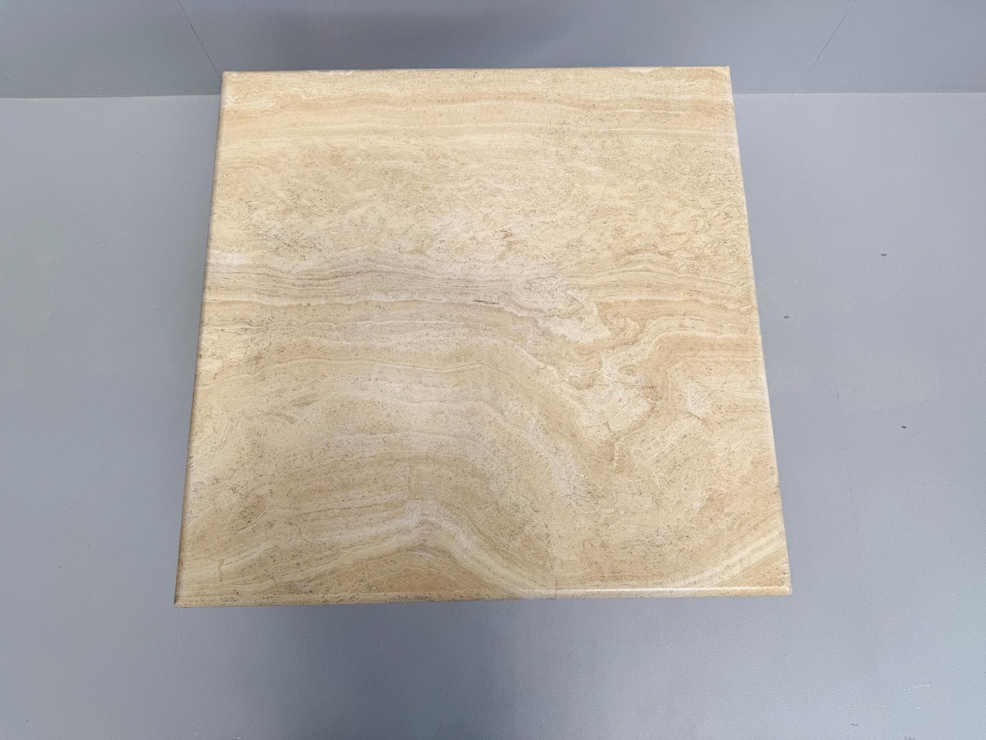 Vintage postmodern travertine coffee table square cross base