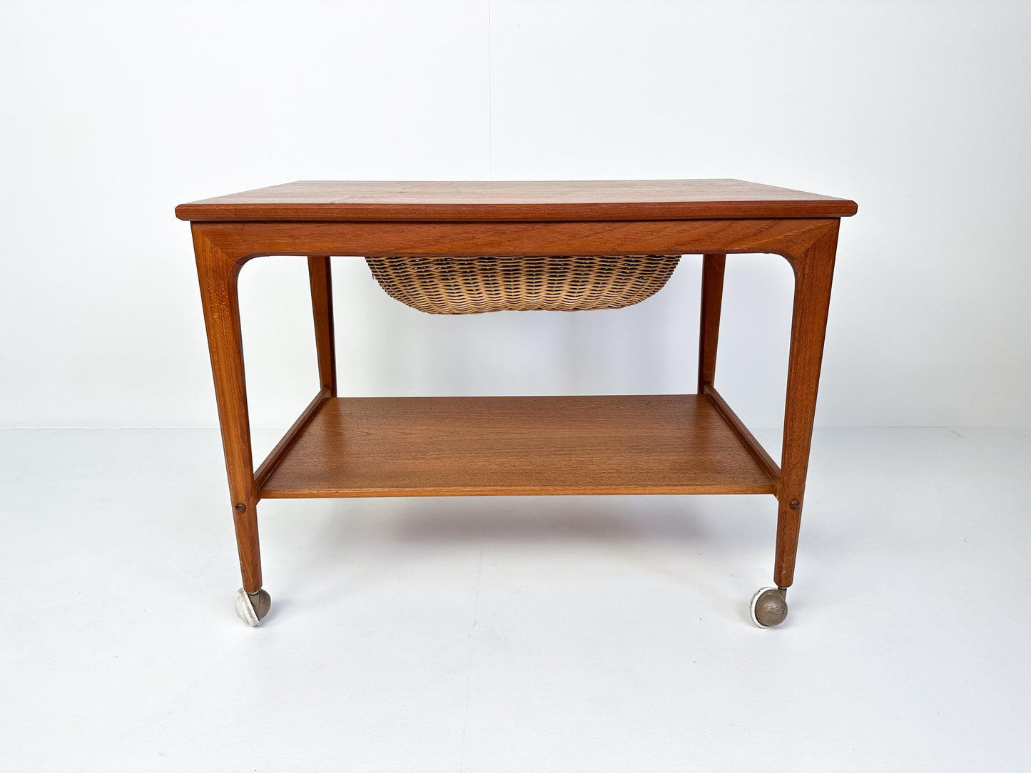 Mid-century Teak Sewing Table or Bar Cart with Slide Out Basket