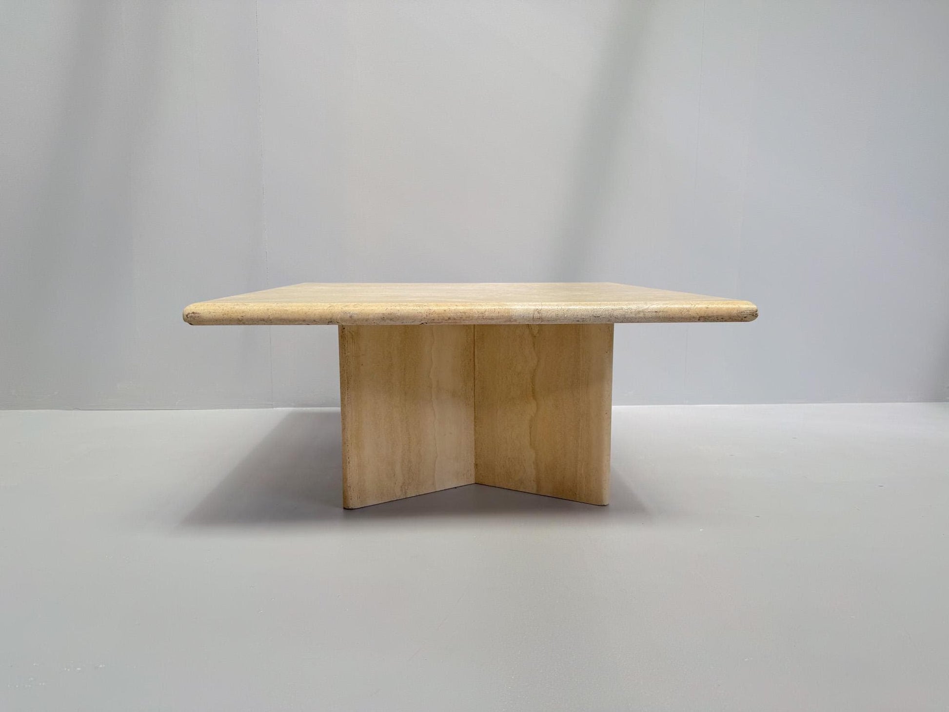 Vintage travertine coffee table solid square stone cross base 1970s