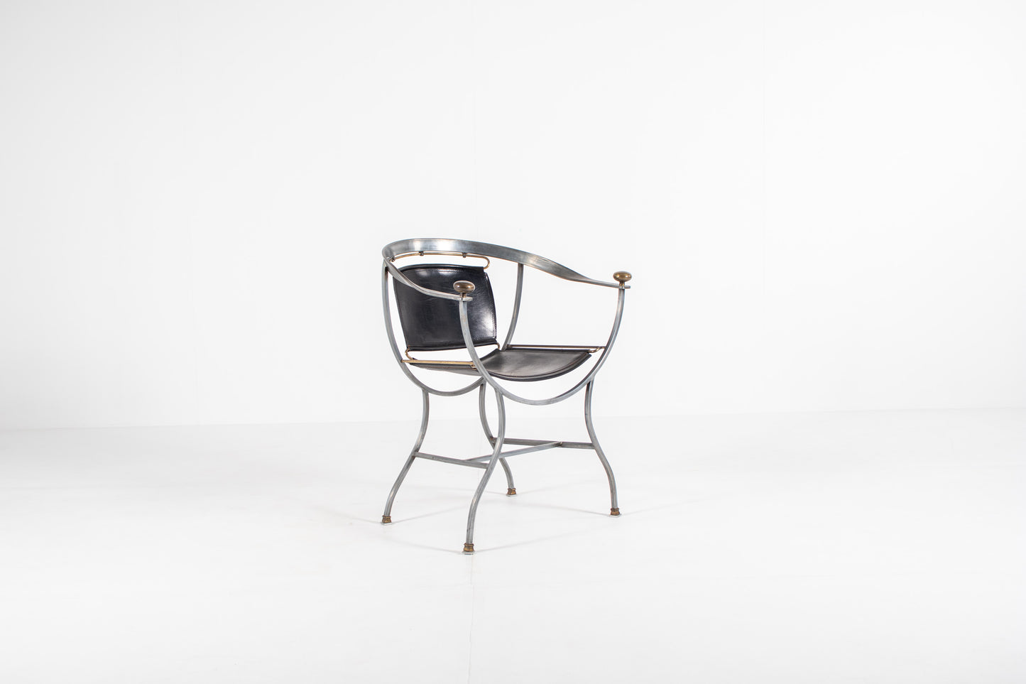A mid-century modern metal Armchair Alberto Orlandi Pompei in Steel, Bronze and Black Leather