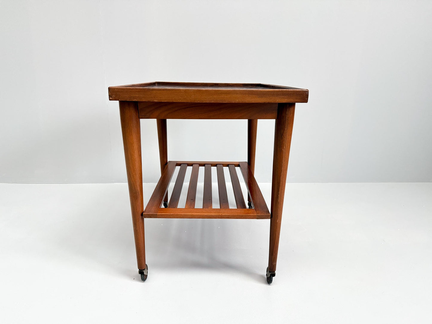 Vintage Mid-Century Modern Wooden Bar Cart Slatted Shelf