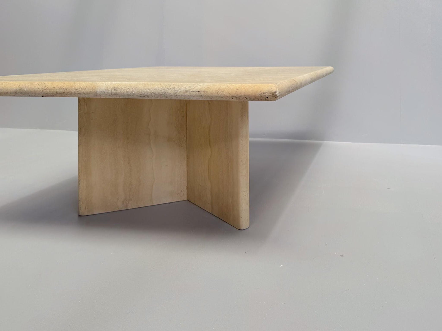 Vintage Travertine Coffee Table – Solid Square Stone Table with Cross Base – Postmodern 1970s Design
