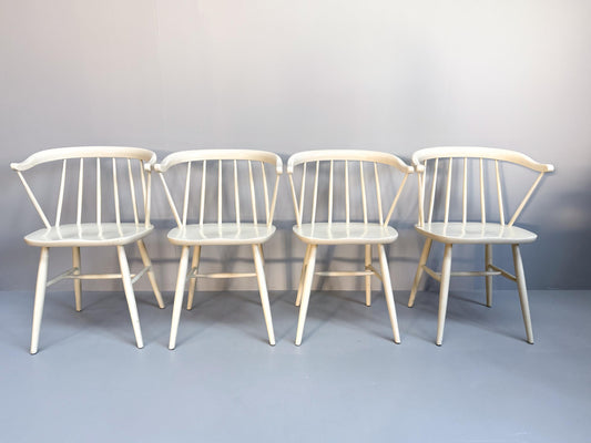 Set of 4 White Lacquered Spindle Chairs, Nesto Sweden, 1960s