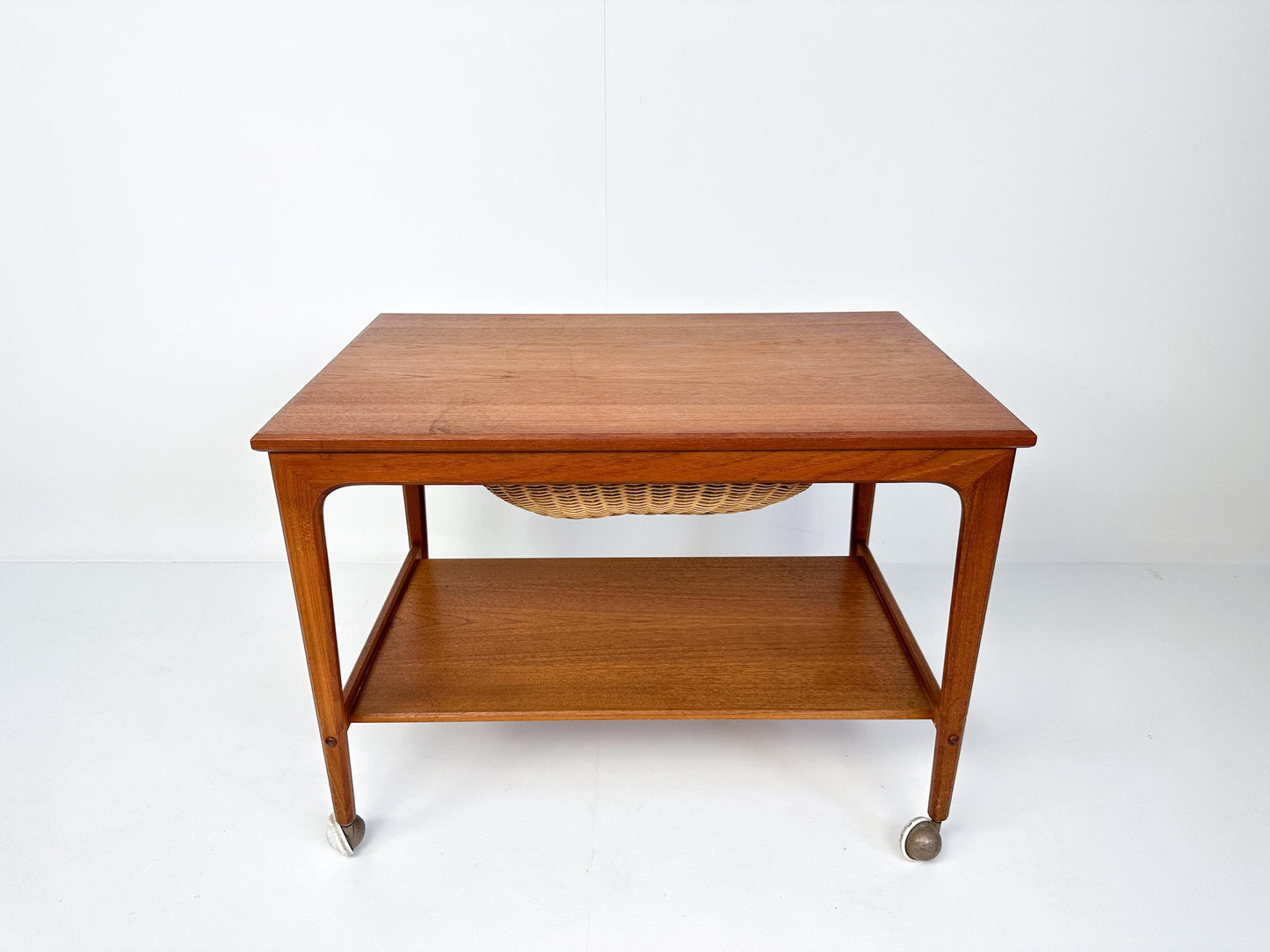 Mid-century Teak Sewing Table or Bar Cart with Slide Out Basket