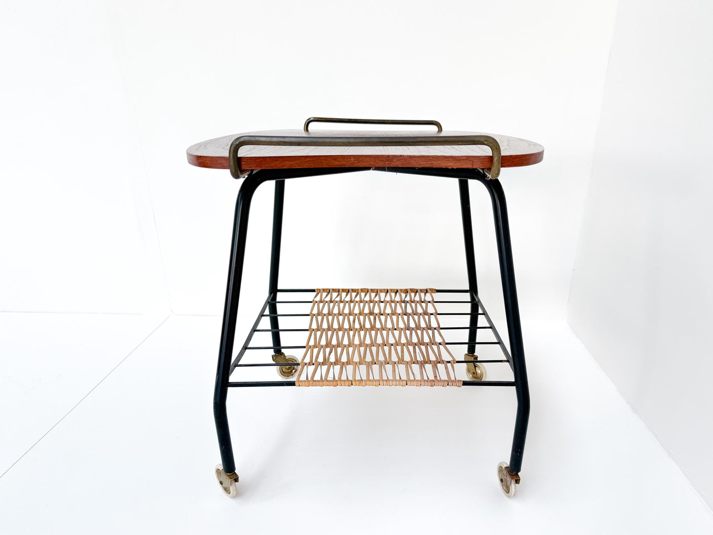 Danish Vintage Serving Cart / Tea Trolley from the 1950s – Teak, Brass & Rattan