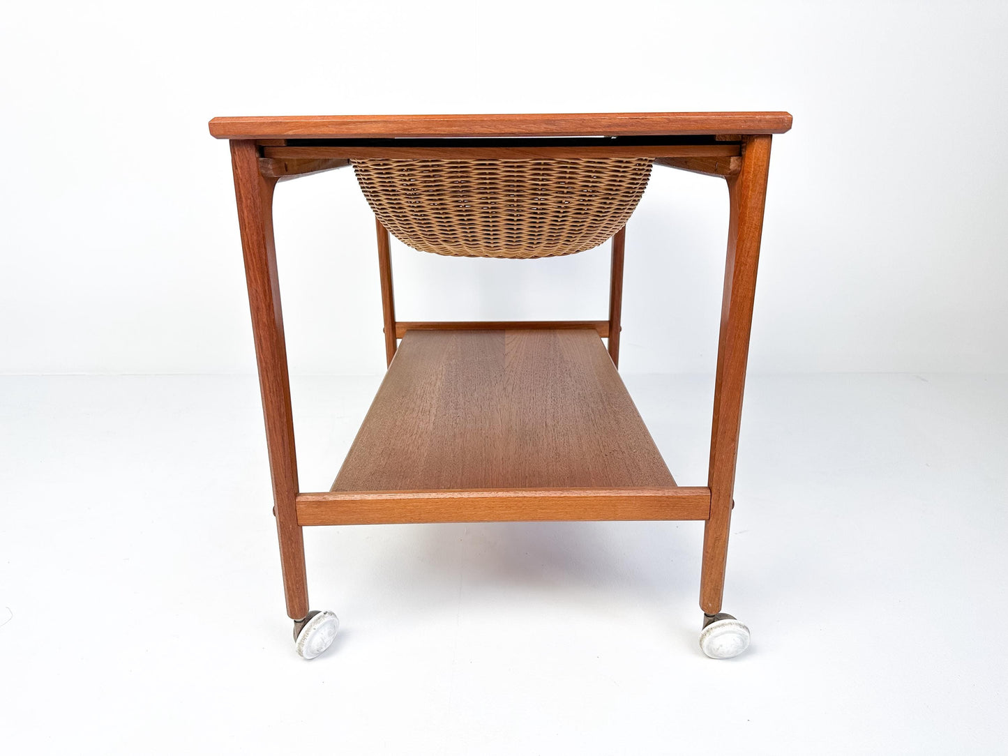Mid-century Teak Sewing Table or Bar Cart with Slide Out Basket
