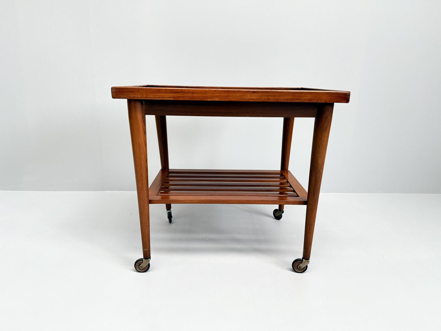 Vintage Mid-Century Modern Wooden Bar Cart Slatted Shelf