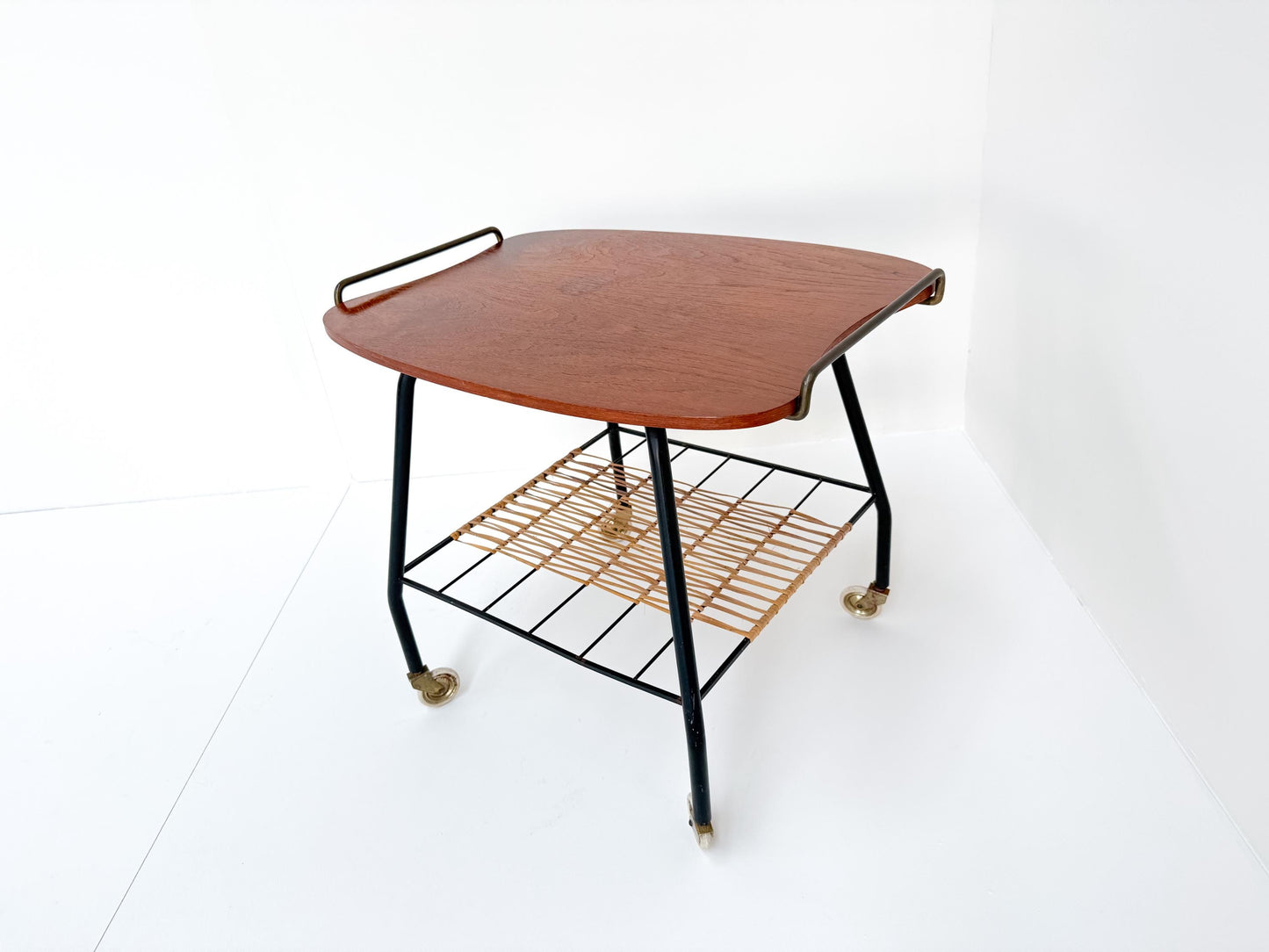 Danish Vintage Serving Cart / Tea Trolley from the 1950s – Teak, Brass & Rattan