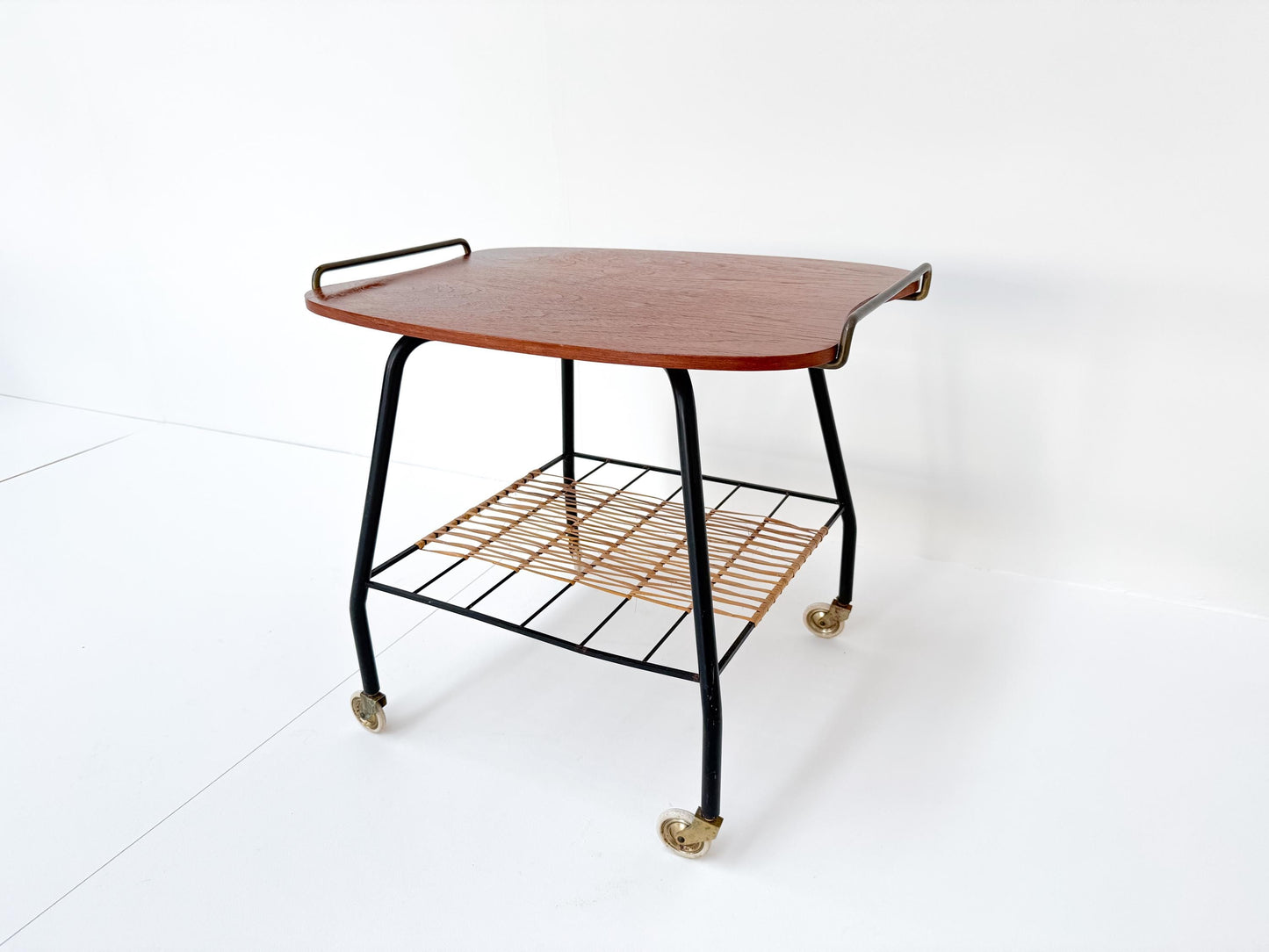 Danish Vintage Serving Cart / Tea Trolley from the 1950s – Teak, Brass & Rattan