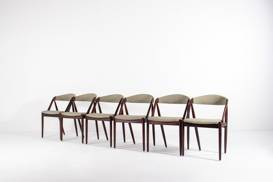 Set of six Kai Kristiansen Model 31 Danish mid-century dining chairs in teak with upholstered seats