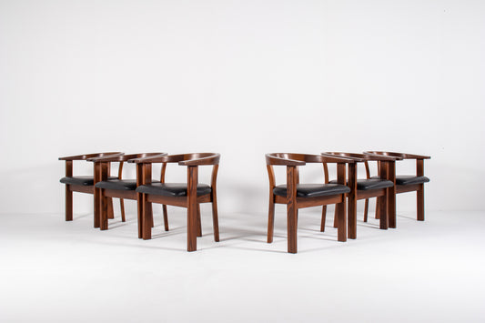 Set of six Danish modern dining chairs by Lars Gangsø, solid wood frames with upholstered seats, Denmark 1970s.