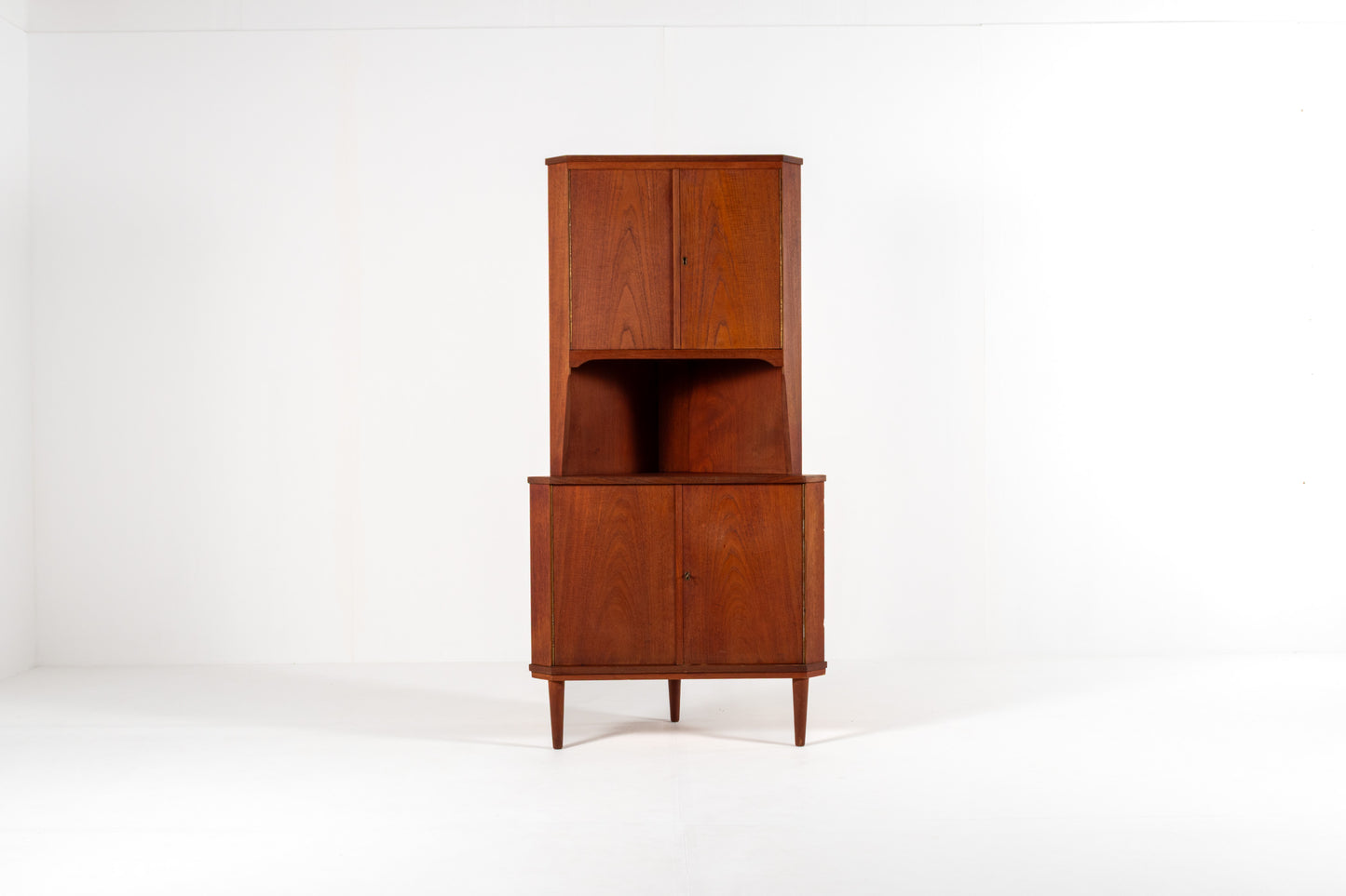 Danish teak corner cabinet 1960s display shelf front view