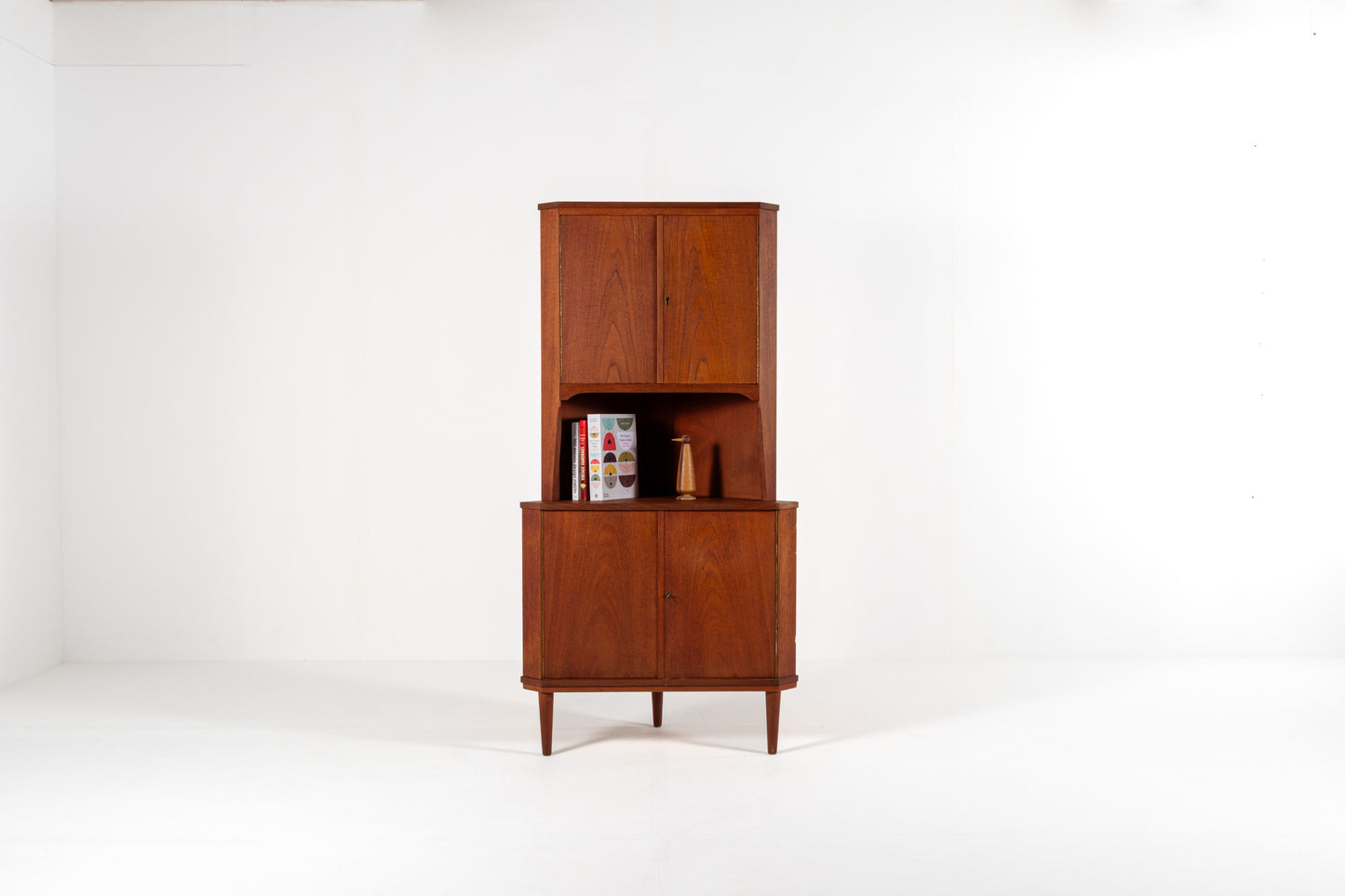 Danish teak corner cabinet 1960s display shelf front view