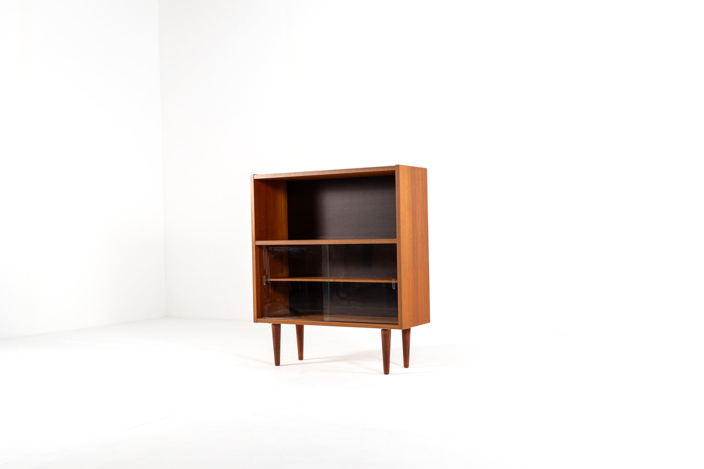 Danish teak bookcase sliding glass doors 1960s front view