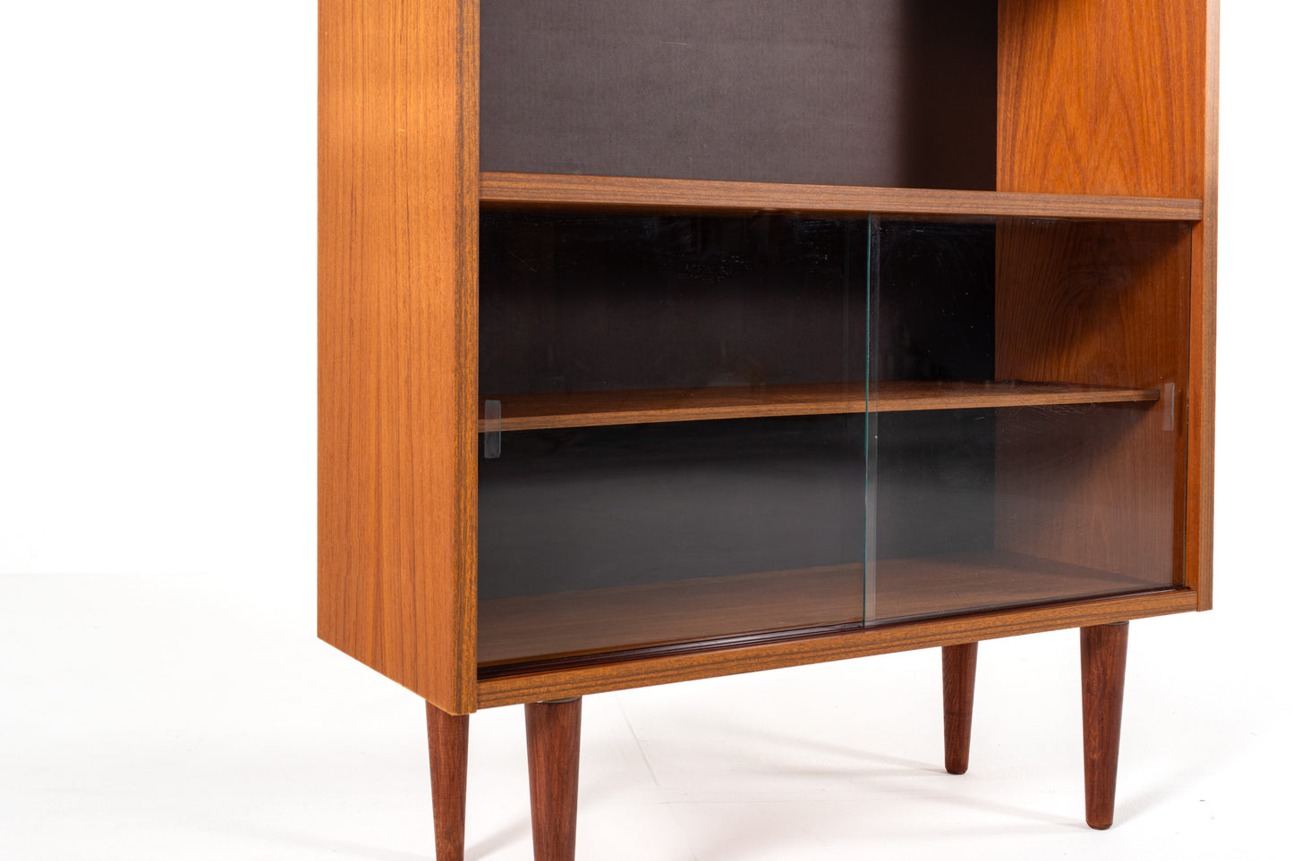 Mid century teak cabinet open shelf glass doors