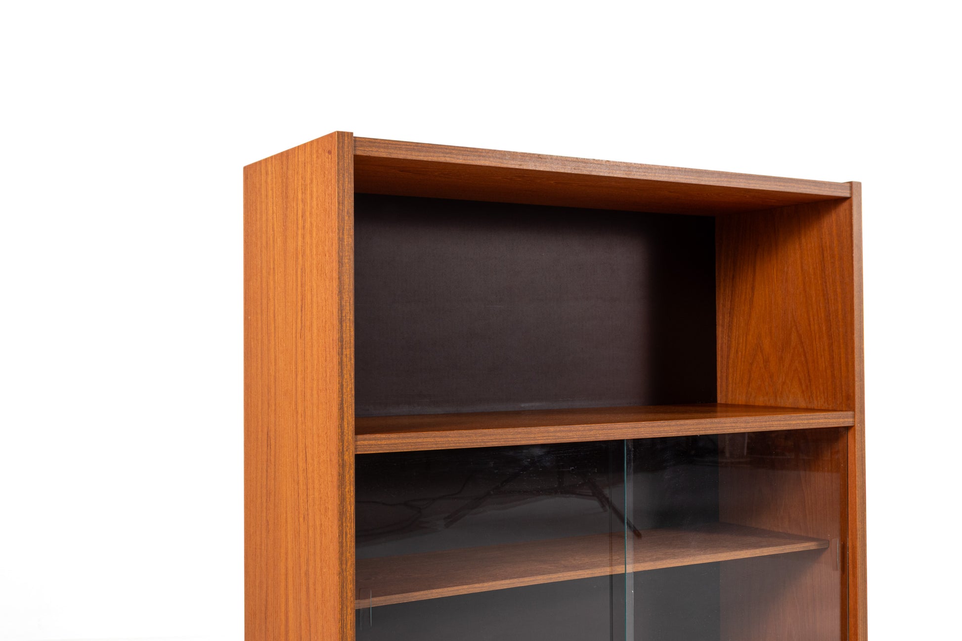 Mid century teak cabinet open shelf glass doors