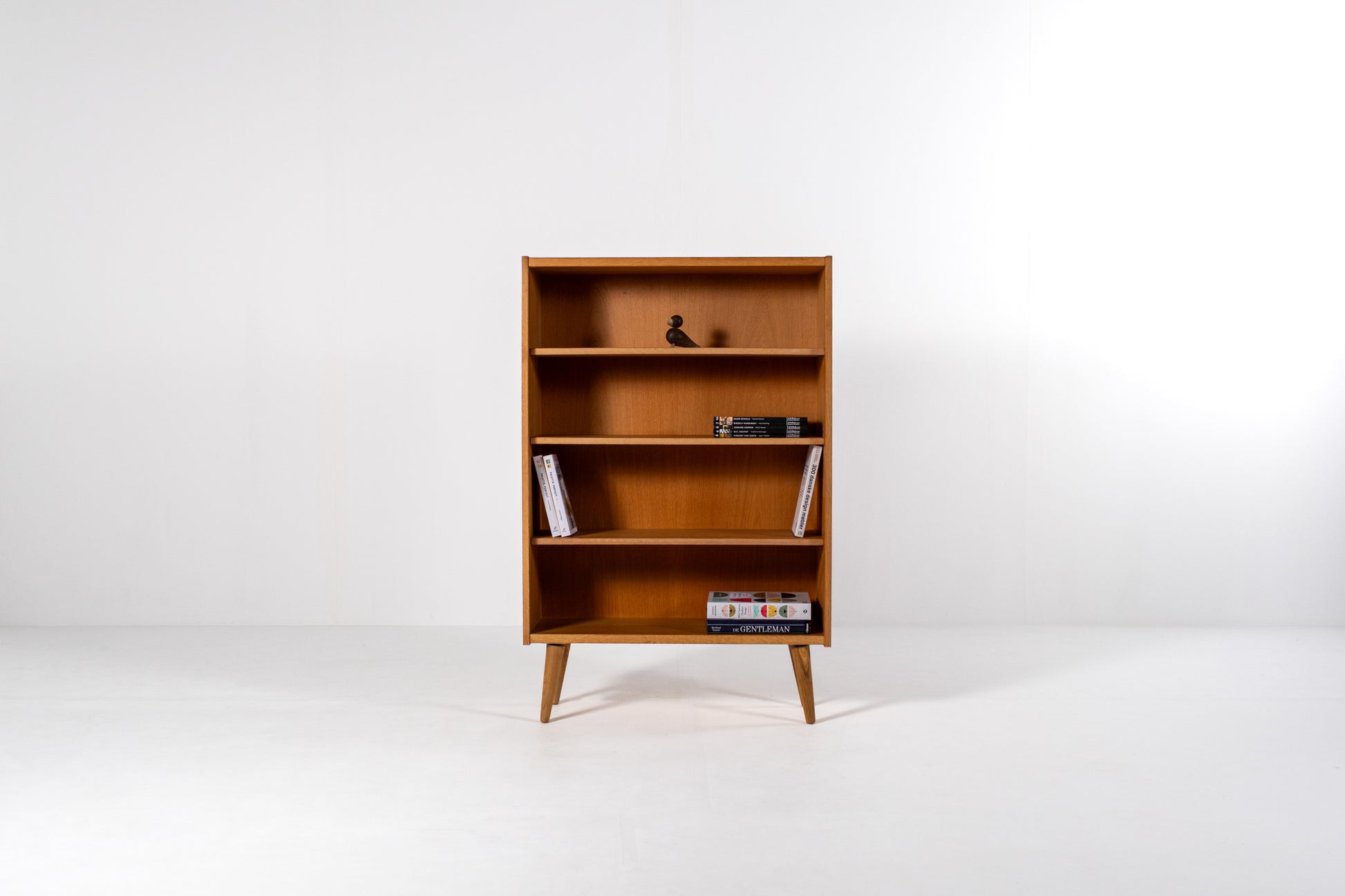 Danish oak bookcase 1960s open shelves front view