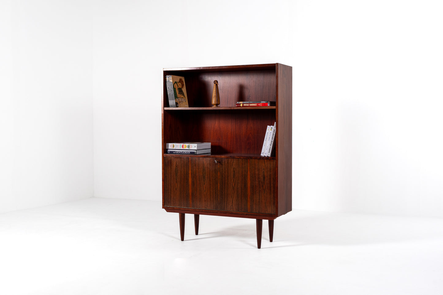 Danish rosewood bookcase 1960s drop down bar front view