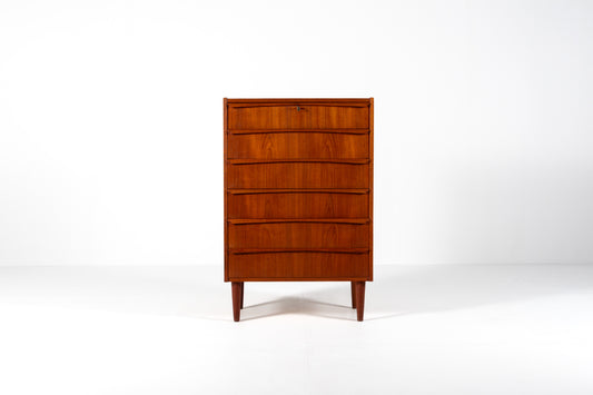 A mid-century modern wooden chest of drawers with five curved front drawers, shown on a clean white studio background.