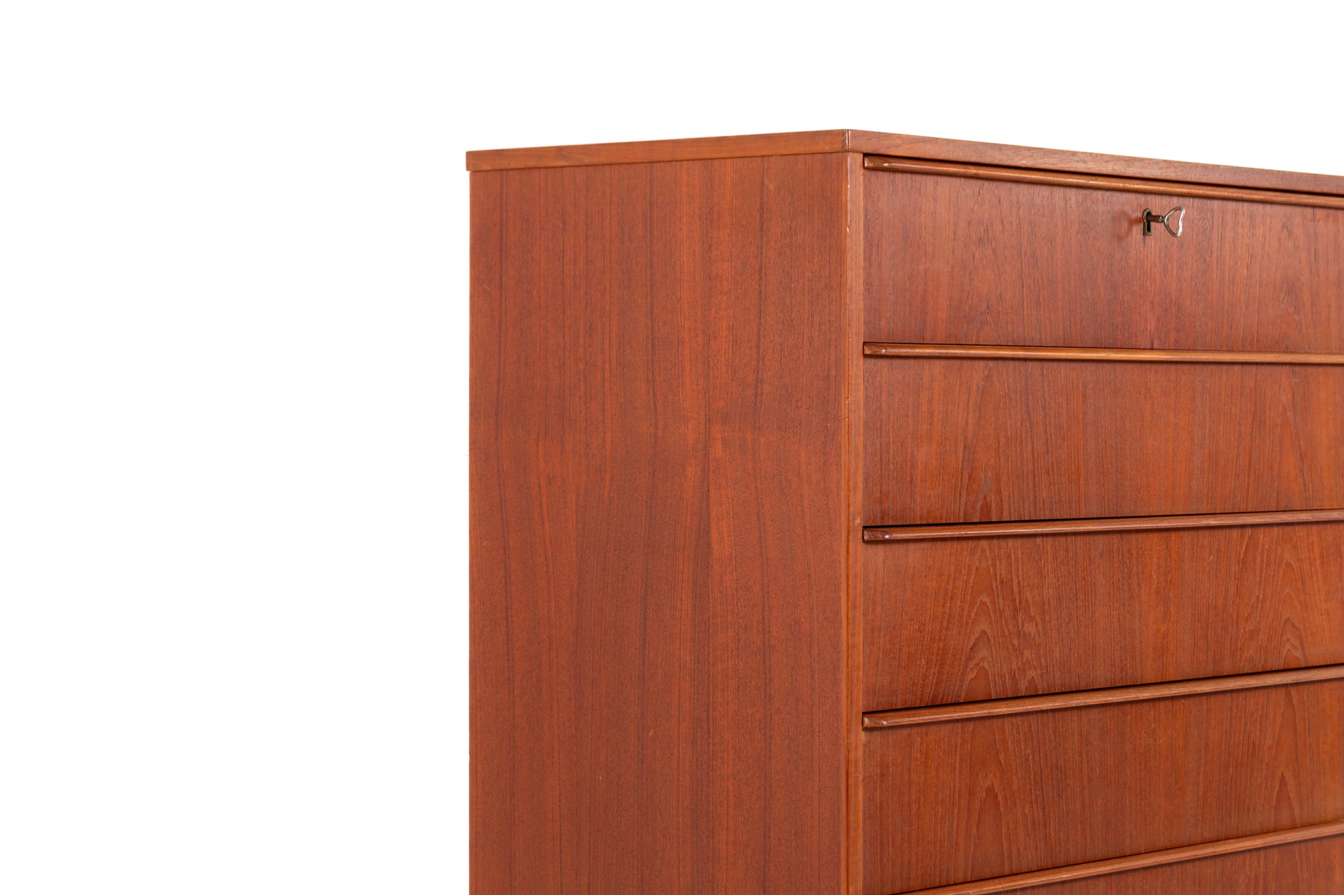 Danish teak tallboy with recessed drawer handles.