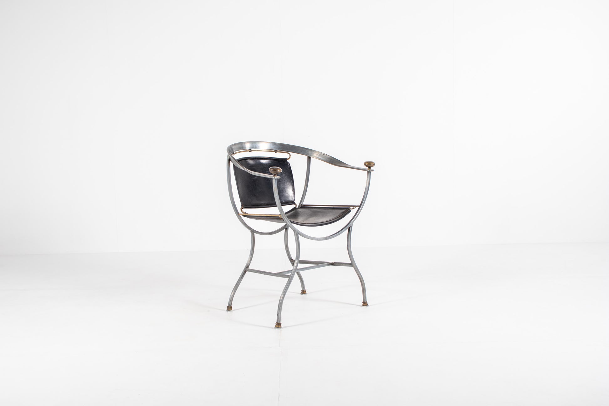 A mid-century modern metal Armchair Alberto Orlandi Pompei  in Steel, Bronze and Black Leather