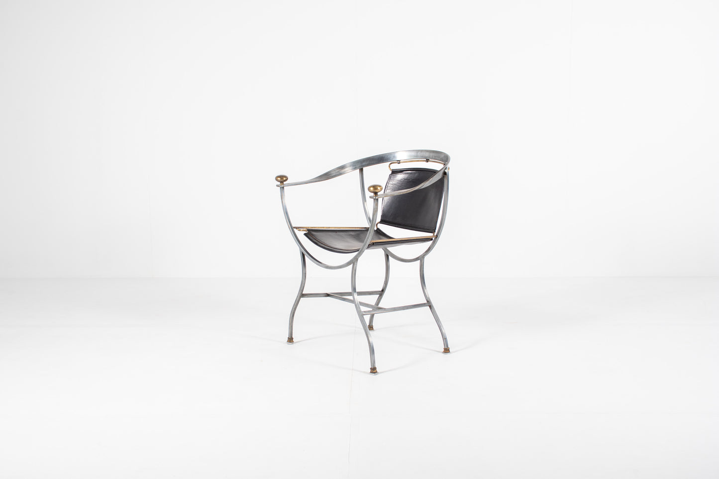A mid-century modern metal armchair Alberto Orlandi Pompei  in Steel, Bronze and Black Leather 