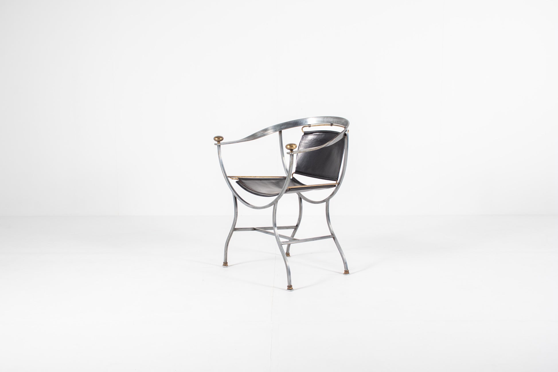 A mid-century modern metal armchair Alberto Orlandi Pompei  in Steel, Bronze and Black Leather 