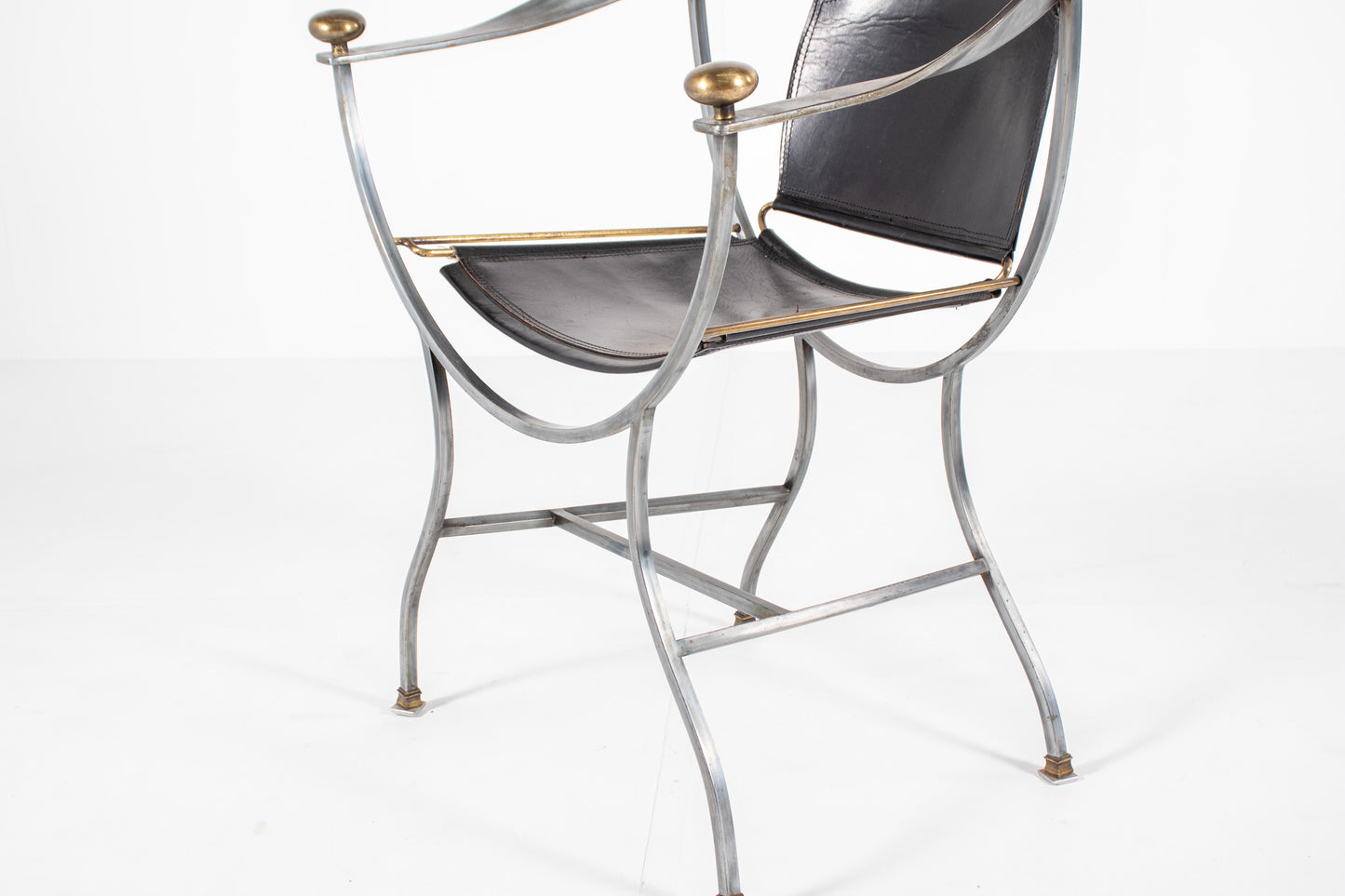A mid-century modern metal Armchair Alberto Orlandi Pompei  in Steel, Bronze and Black Leather, back view