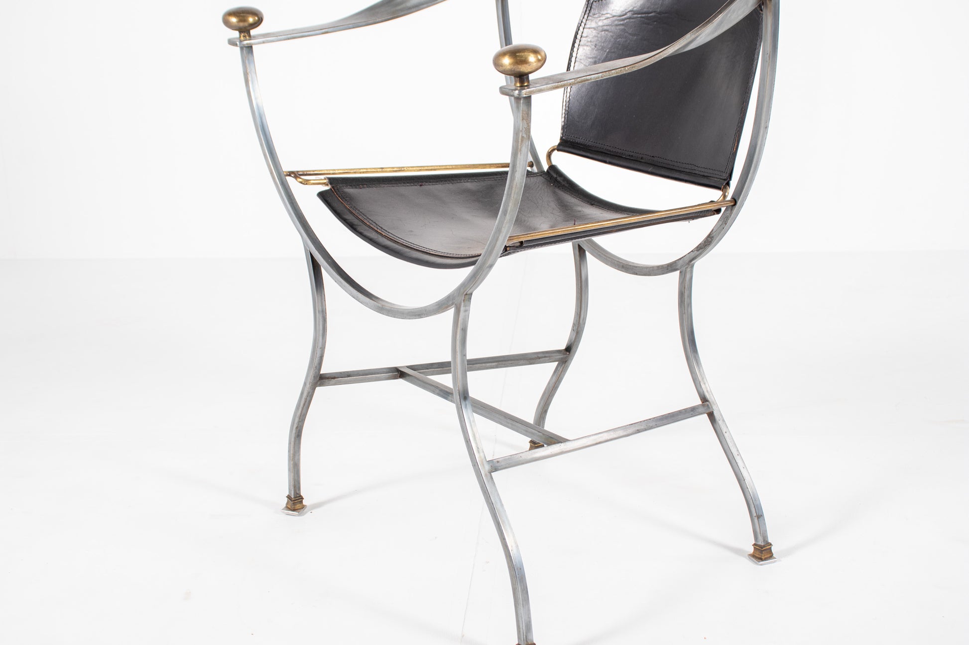 A mid-century modern metal Armchair Alberto Orlandi Pompei  in Steel, Bronze and Black Leather, back view