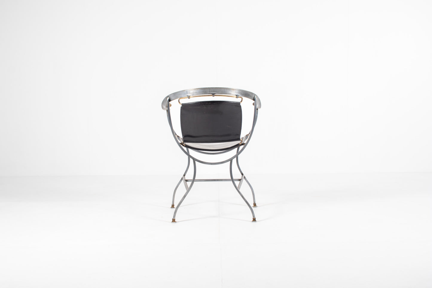 A mid-century modern metal Armchair Alberto Orlandi Pompei  in Steel, Bronze and Black Leather, back view