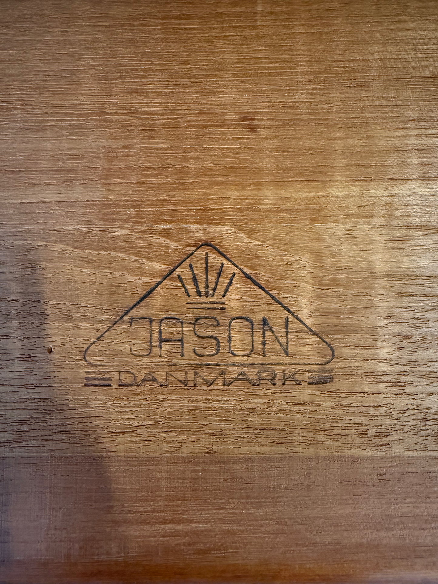 Teak coffee table with rattan shelf by Jason Møbler, stamp view