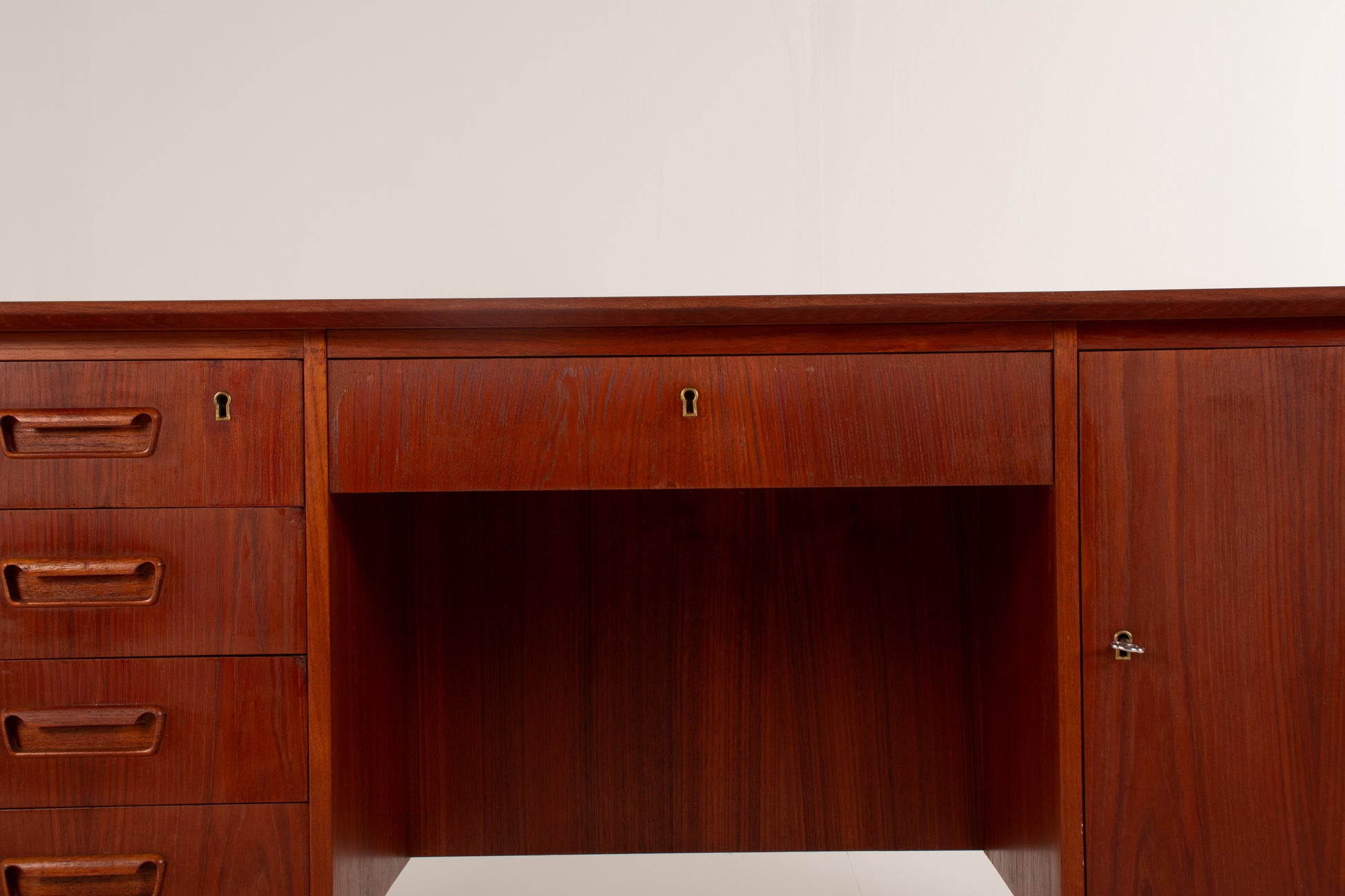Danish modern teak office desk with cabinet and shelving, 1960s