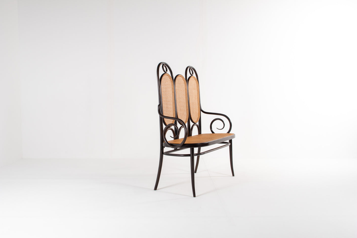 Side view of Thonet bentwood bench with curved arms
