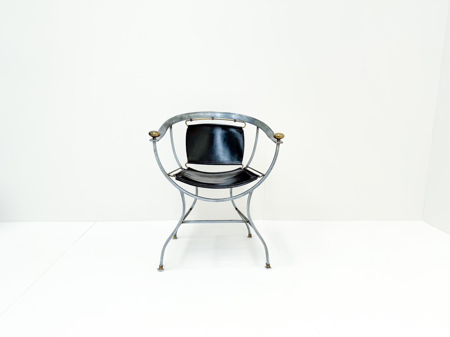 Alberto Orlandi Pompei Armchair in Steel, Bronze and Black Leather