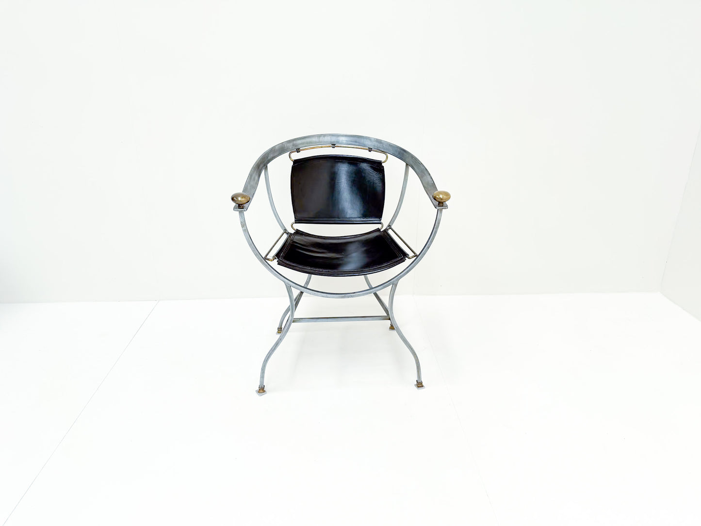 Alberto Orlandi Pompei Armchair in Steel, Bronze and Black Leather