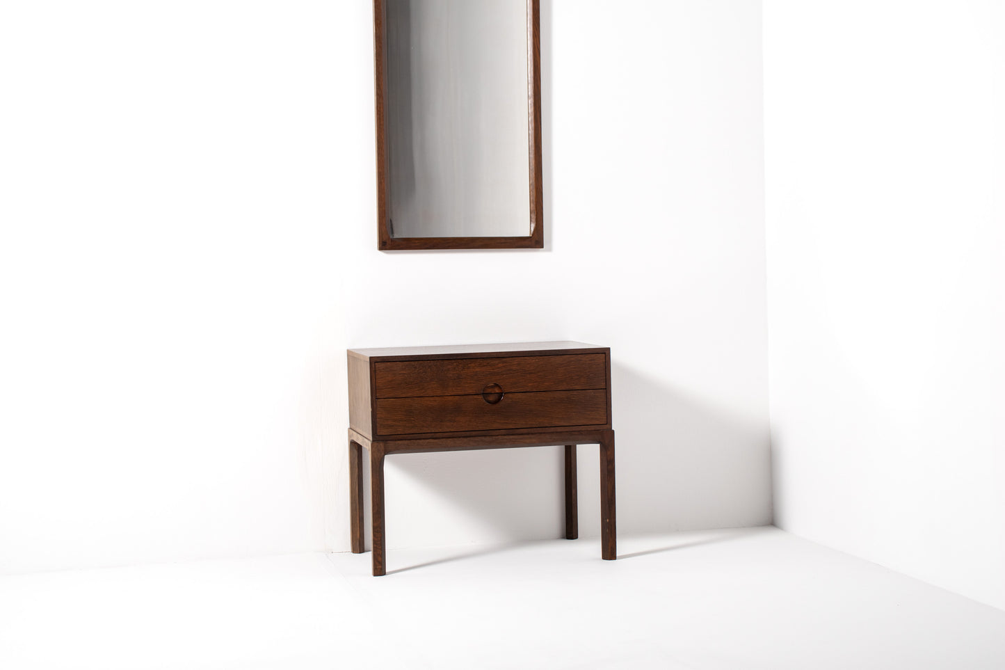 Danish modern console table and mirror by Kai Kristiansen for Aksel Kjersgaard