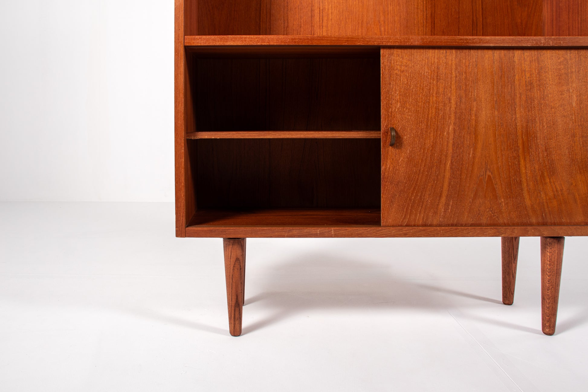 Danish teak bookcase with open shelves and sliding doors