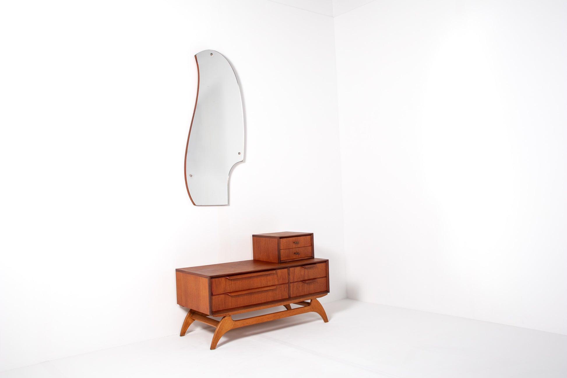 Mid-century Danish teak low chest with sculptural mirror, 1950s
