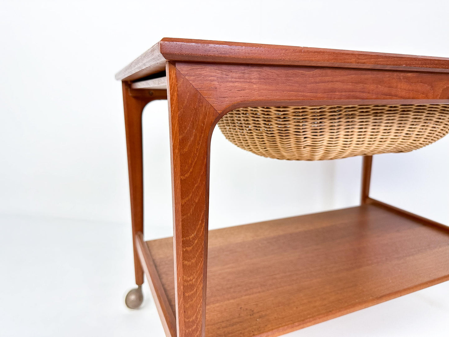 Mid-century Teak Sewing Table or Bar Cart with Slide Out Basket