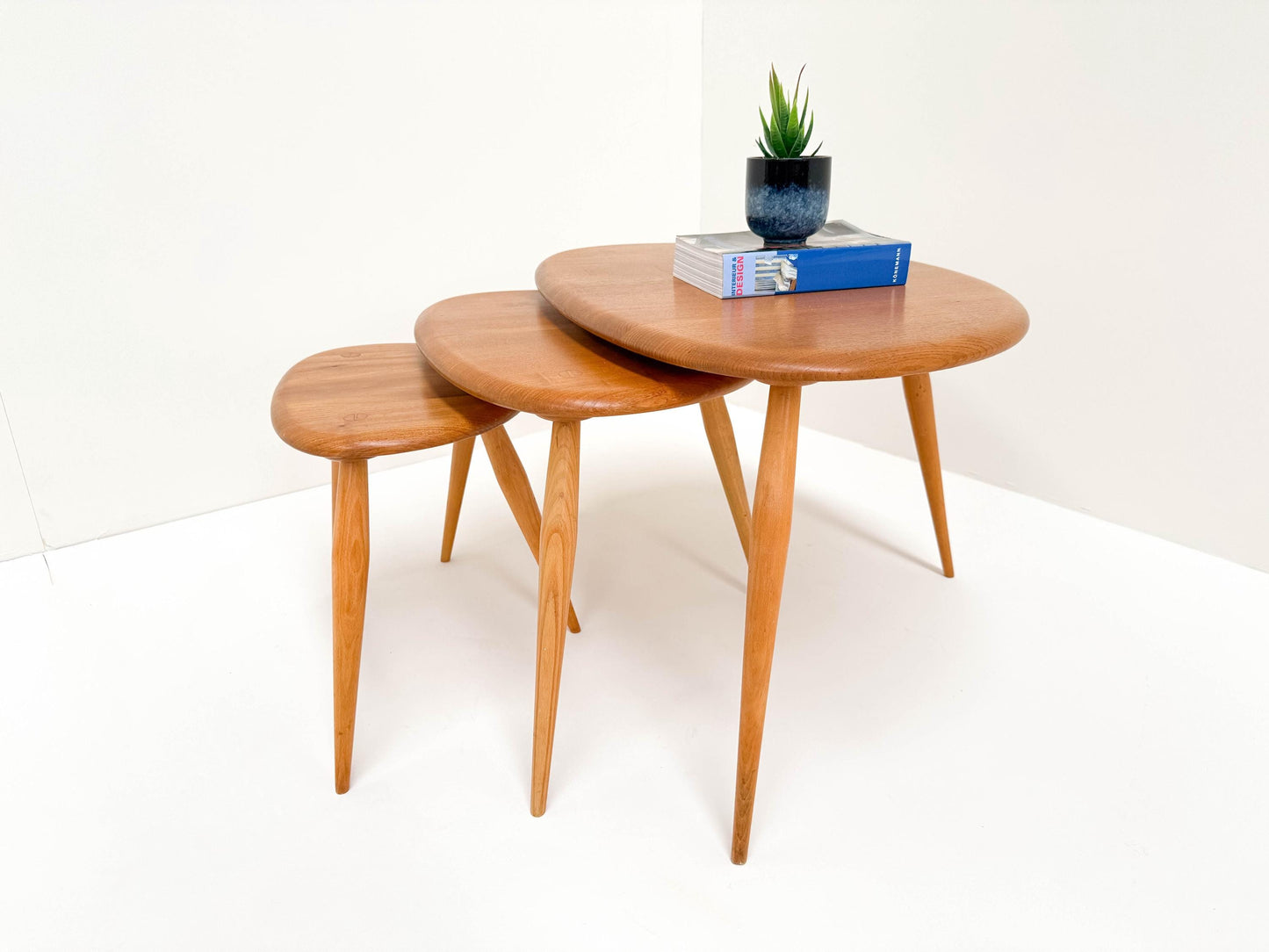 Vintage 1960s Lucian Ercolani for Ercol Model 354 Pebble Nesting Tables – Beech & Elm
